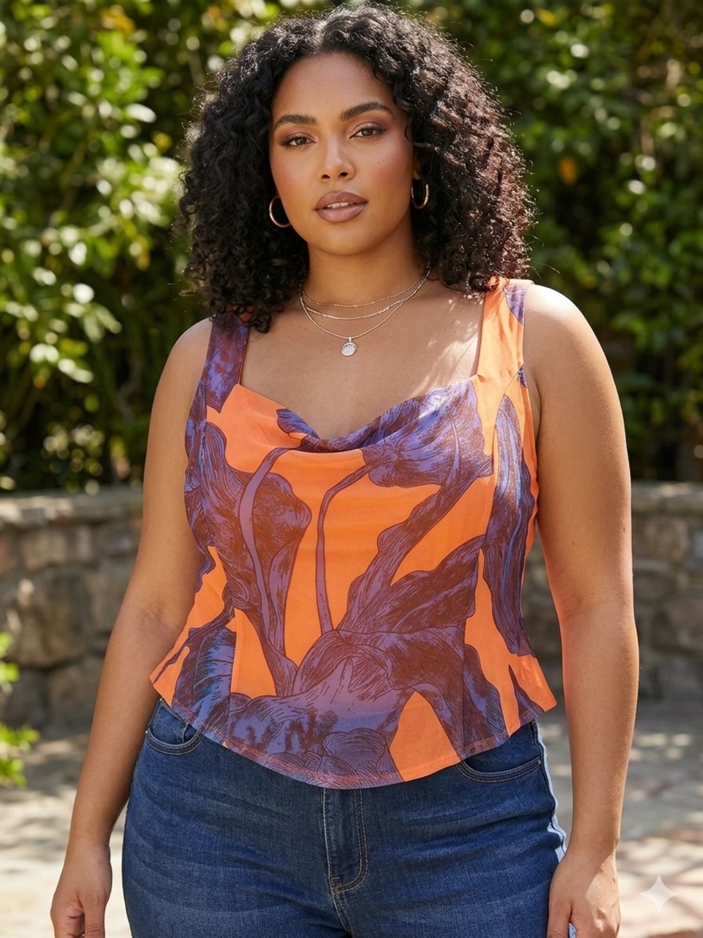 Floral Print Tank Top - Orange